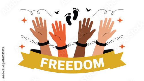 Illustration of Diverse Hands Breaking Chains for Freedom with Footprints and Birds