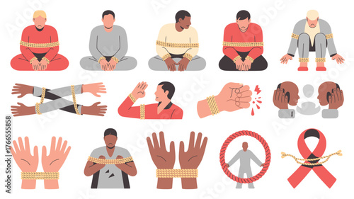 Illustration of Diverse People and Hands Bound with Ropes Representing Oppression and Restraint