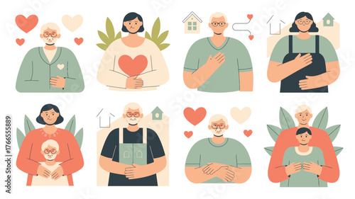 Illustration of Diverse People Expressing Emotions with Hearts, Homes, and Caring Gestures on a White Background