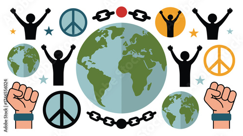 Illustration of Global Issues Peace, Freedom, and Chains Linking the World Together Concept