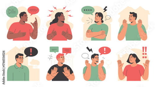 Illustration of Diverse People Expressing Negative Emotions, Including Anger, Frustration, and Concern