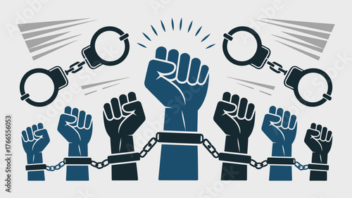 Illustration of Hands Raised in Defiance, Symbolizing Freedom from Chains and Handcuffs
