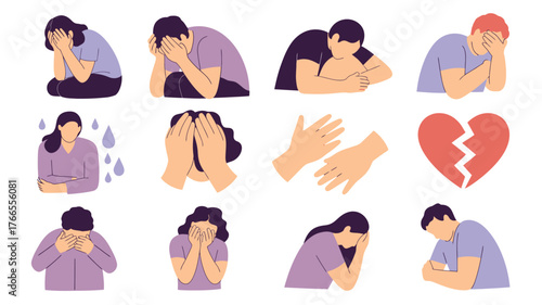 Illustration of Individuals Depicting Sadness, Grief, Heartbreak, and Emotional Pain on a White Background