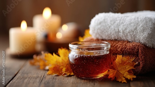 Autumn Spa Treatment with Honey, Towels and Candles on Wooden Background