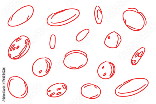 Collection of hand drawn oval and circular shapes with red outline and subtle shading on white background