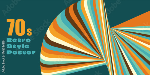 Retro wave poster with bold rainbow bands and visual перспектива. 70s style abstract vector for vintage wall art, mid-century decoration, funky print and graphic design template