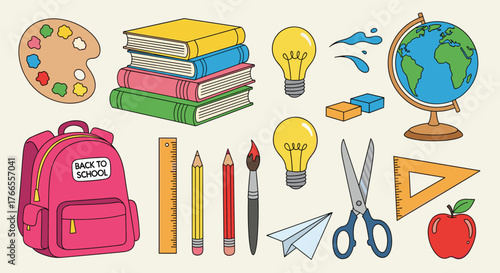 A diverse and colorful collection of essential school supplies and educational items, perfect for students learning and creativity.