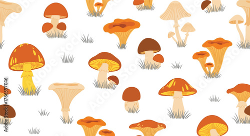 A seamless pattern of various wild mushrooms, including boletes, chanterelles, and gilled fungi, growing in grass on a white background.
