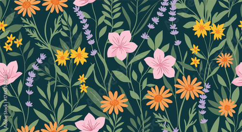 Seamless pattern of vibrant wildflowers and green foliage on a dark background, evoking a lush, natural meadow in spring or summer.