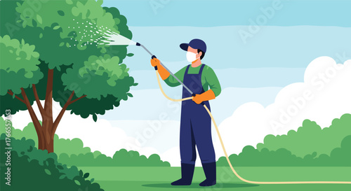 A person wearing a mask and protective gear sprays a tree in a lush green garden, performing pest control or plant treatment.