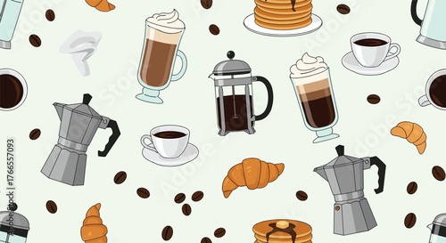 A delightful seamless pattern showcasing various coffee preparations, brewing devices, and breakfast treats like croissants and pancakes, scattered with coffee beans.