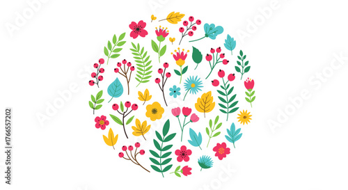 A vibrant circular arrangement of various colorful spring and autumn flowers, leaves, and berries on a white background, perfect for nature-themed designs.