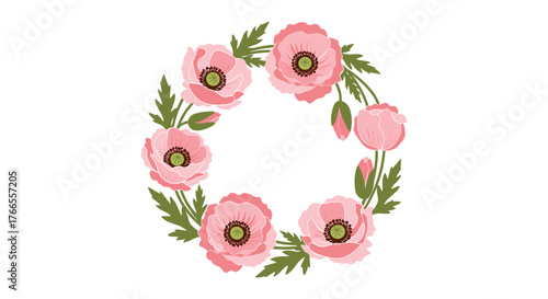 A beautifully illustrated wreath features delicate pink poppies with green leaves, creating a charming floral border on a crisp white background.