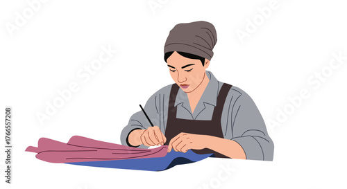 A skilled artisan carefully marks fabric with a tool, focused on creating a textile piece with precision and dedication.