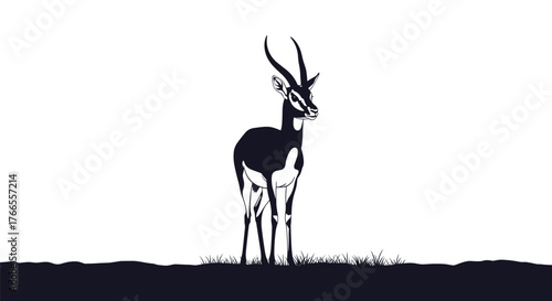 A stylized illustration of a blackbuck antelope standing gracefully on a grassy ground against a minimalist white background.