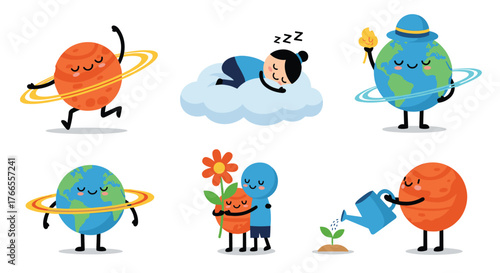 A whimsical collection of cartoon illustrations featuring planets and a person engaging in acts of care, relaxation, and environmental appreciation.