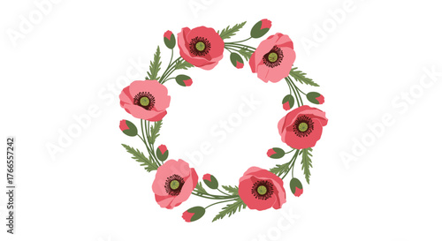 A beautiful circular wreath illustration featuring vibrant pink and red poppy flowers with green foliage and buds on a white background.