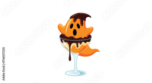 A whimsical orange ghost-shaped dessert with dripping chocolate syrup served in an elegant glass, perfect for Halloween festivities.