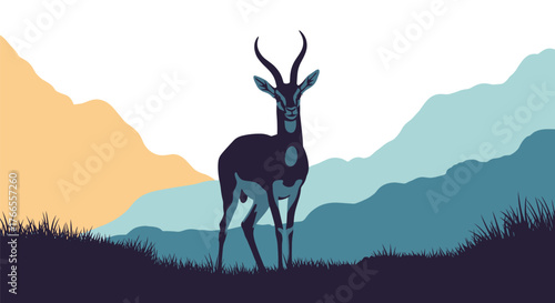 Minimalist illustration of a blackbuck antelope standing proudly in a serene landscape with rolling mountains.