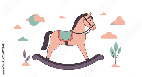 A cute pastel illustration of a rocking horse with whimsical clouds and plants, evoking childhood nostalgia and gentle play.