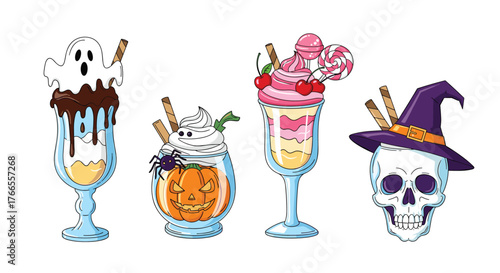 A vibrant collection of Halloween-themed desserts and decorations, including ghost, pumpkin, parfait, and skull designs, isolated on white.