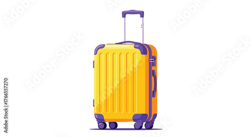 A vibrant yellow hard-shell travel suitcase with purple accents and an extended telescopic handle, ready for a journey.