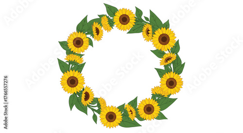 A vibrant circular wreath of yellow sunflowers and green leaves forming a beautiful floral frame, perfect for summer designs and natural motifs.