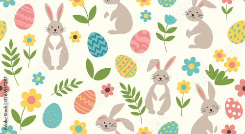 Cute seamless pattern with Easter bunnies, colorful eggs, and spring flowers on a light background.