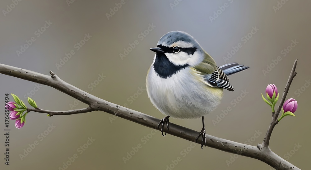 Obraz premium Golden-crowned Kinglet on a Branch with Blossoms in Springtime.
