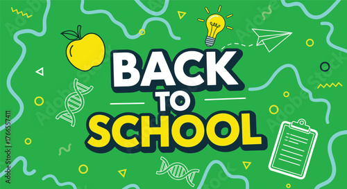 Back to school concept with educational icons and bold typography on a vibrant green background, ready for academic season promotion.