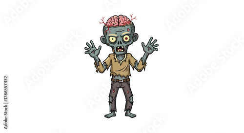 A creepy cartoon zombie with an exposed brain, tattered clothes, and raised arms stands menacingly, perfect for Halloween and spooky designs.