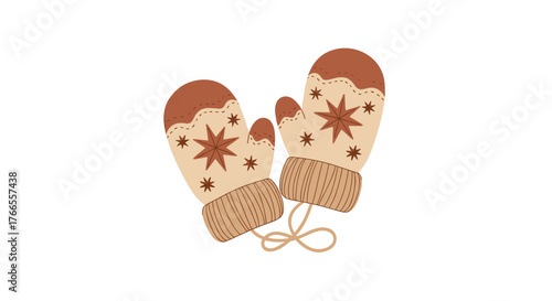 A pair of cozy, illustrated winter mittens with festive star patterns, connected by a string, conveying warmth and holiday spirit.