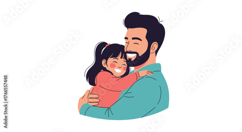 A loving father with a beard joyfully embraces his smiling young daughter in a heartwarming moment of family affection.
