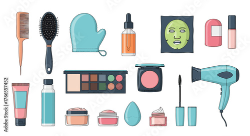An assortment of beauty, makeup, skincare, and hair care products for personal grooming routines on a white background.