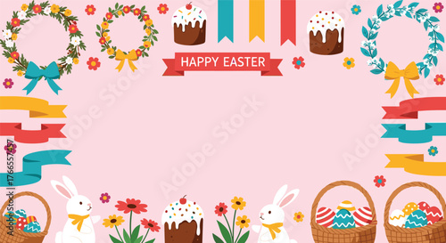 A delightful Easter frame featuring cute bunnies, colorful eggs, spring flowers, festive kulich cakes, and elegant floral wreaths on a pink background.