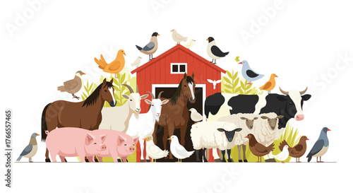 A charming illustration showcasing a variety of domestic farm animals and birds, including pigs, horses, goats, cows, and sheep, gathered near a red barn.