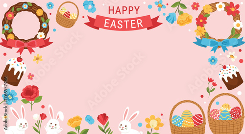 A cheerful and festive pink Easter background with decorative wreaths, cakes, bunnies, and baskets of colorful eggs, perfect for holiday greetings.