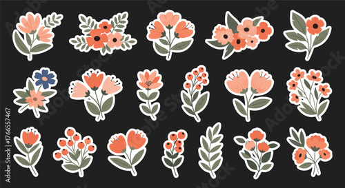 A collection of charming hand-drawn floral stickers featuring various blooming flowers and leafy elements in a lovely coral and green palette.