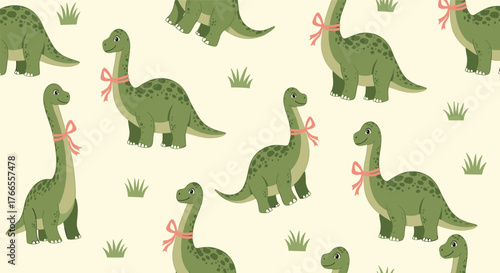 Adorable seamless pattern featuring cute green brontosaurus dinosaurs wearing pink bows and scattered grass on a light yellow background.