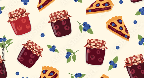 A delightful seamless pattern of homemade berry jam jars, blueberry pie slices, and fresh blueberries and sprigs on a light background.