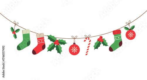 A festive string of colorful Christmas decorations featuring holly, stockings, ornaments, and candy canes, perfect for holiday greetings and designs.