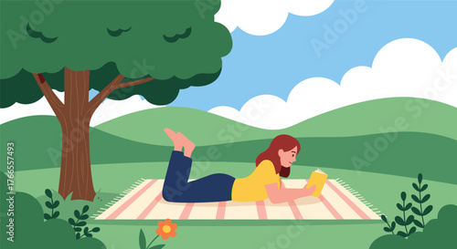 A young woman relaxes peacefully on a striped blanket in a lush green park, enjoying a good book under the shade of a large tree on a bright day.