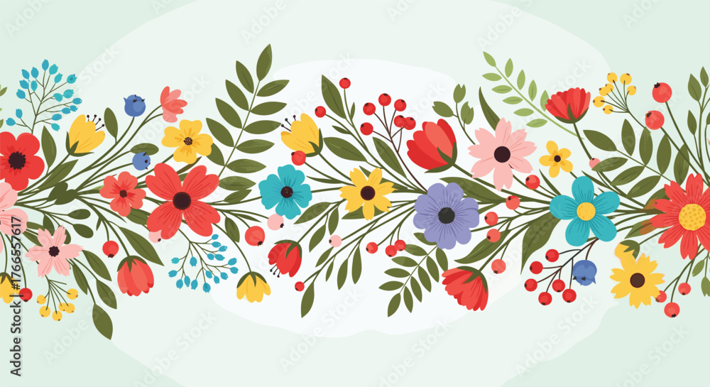 Fototapeta premium Cheerful horizontal border of colorful flat-design flowers and green leaves on a soft light green background.