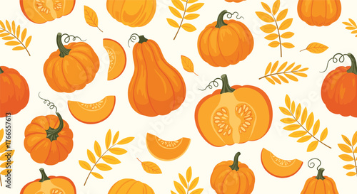Seamless autumn pattern featuring various orange pumpkins, some whole and some sliced, with scattered yellow fall leaves on a light background.