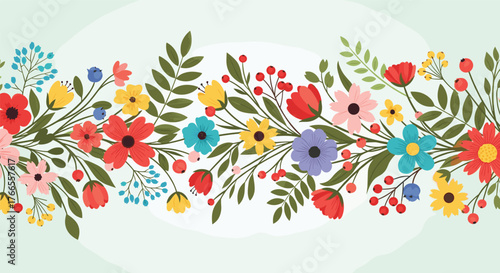 Cheerful horizontal border of colorful flat-design flowers and green leaves on a soft light green background.