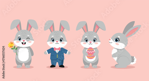 Sweet illustration featuring four happy cartoon grey rabbits engaging in spring and Easter activities on a soft pink background.