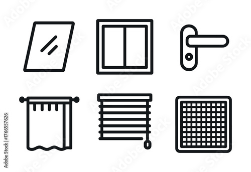 Vector Minimalist home icons: mirror, window, door handle, curtain, blinds, vent