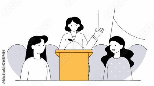 A woman speaking confidently at a podium with an audience of women engaged and supporting her representing leadership and public speaking.