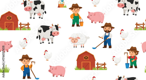 Cute seamless pattern with cartoon farm animals, farmers, and barn on a white background, perfect for textiles or children's design.