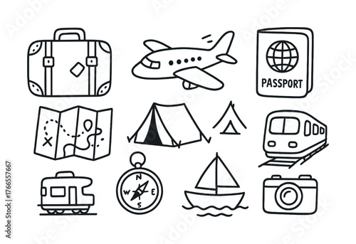 Vector Hand-drawn travel icons featuring airplane, suitcase, passport, and more